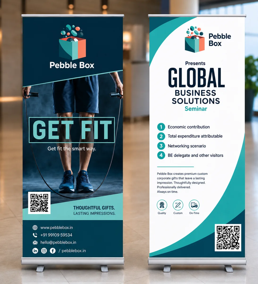 Roll-up standees & POS displays — Pebble Box